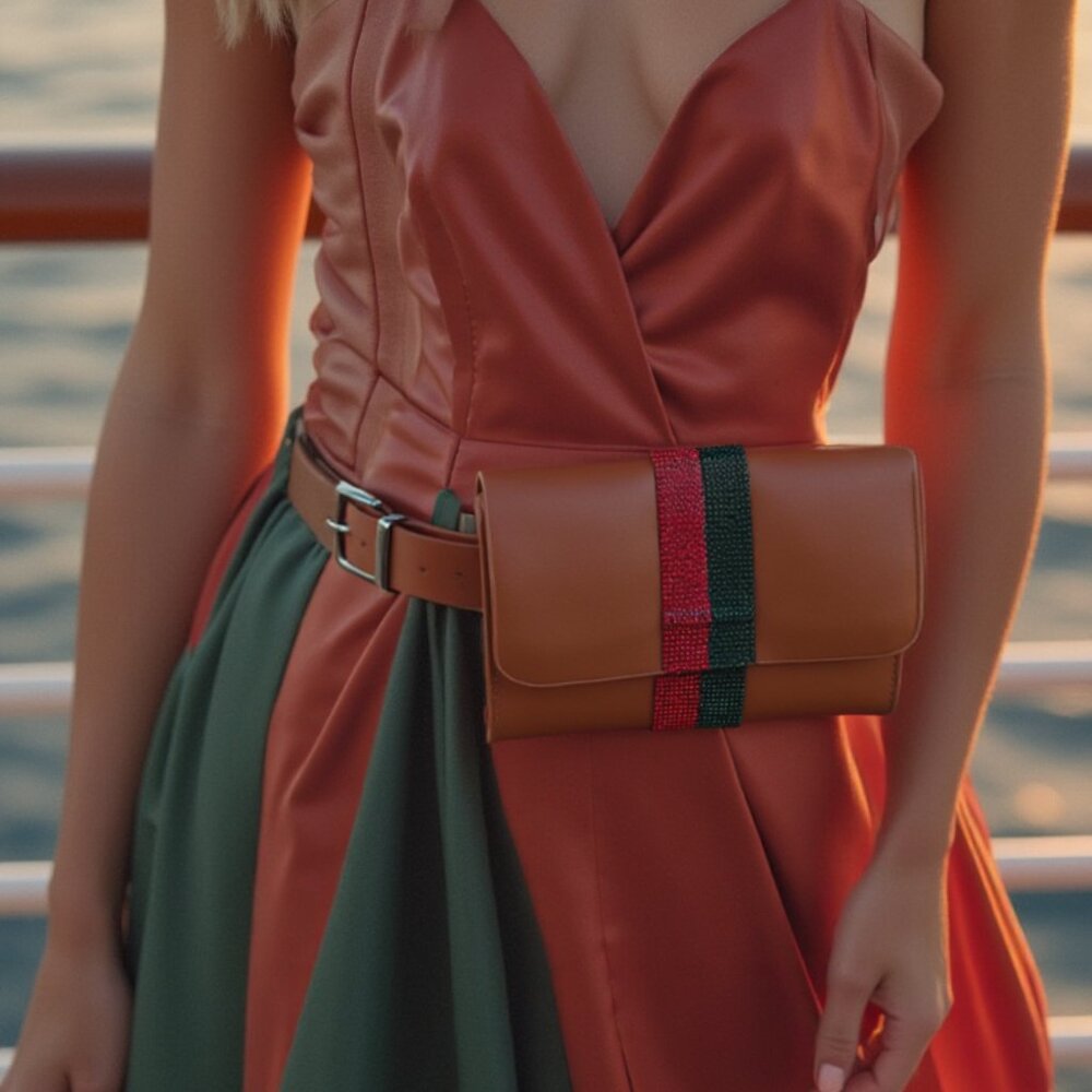 Women Brown Belt + Bag Wallet Fashion Accessory Day Night Look Travel Size S M - Picture 9 of 10
